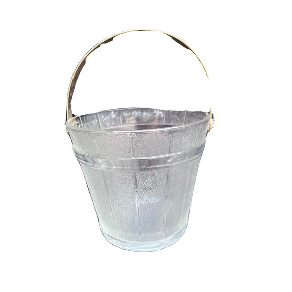 Vintage Glass Ice Bucket with a Hammered Metal Handle and Wooden Bucket Design - Picture 1 of 12